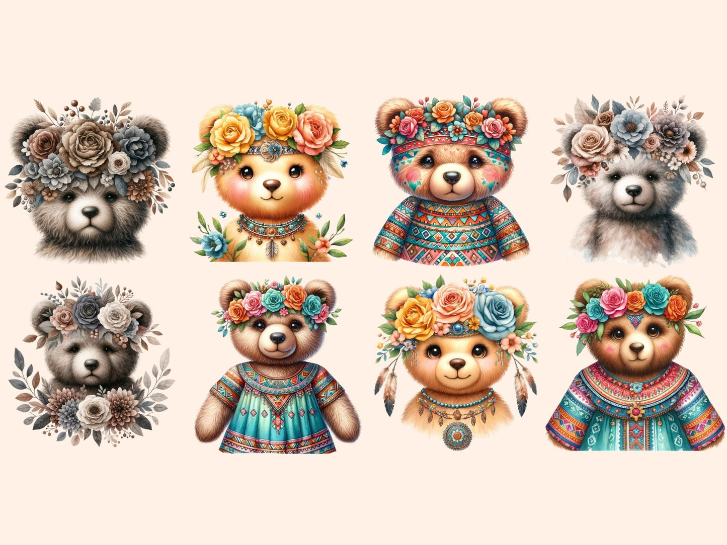 Boho Teddies Clipart - High - Quality Instant Digital Download for Creative Projects