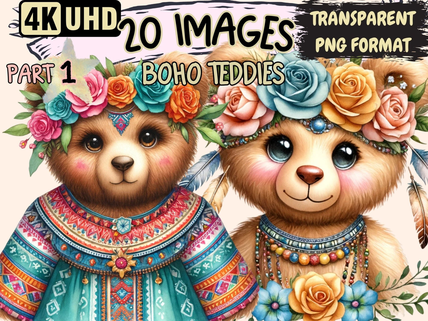 Boho Teddies Clipart - High - Quality Instant Digital Download for Creative Projects