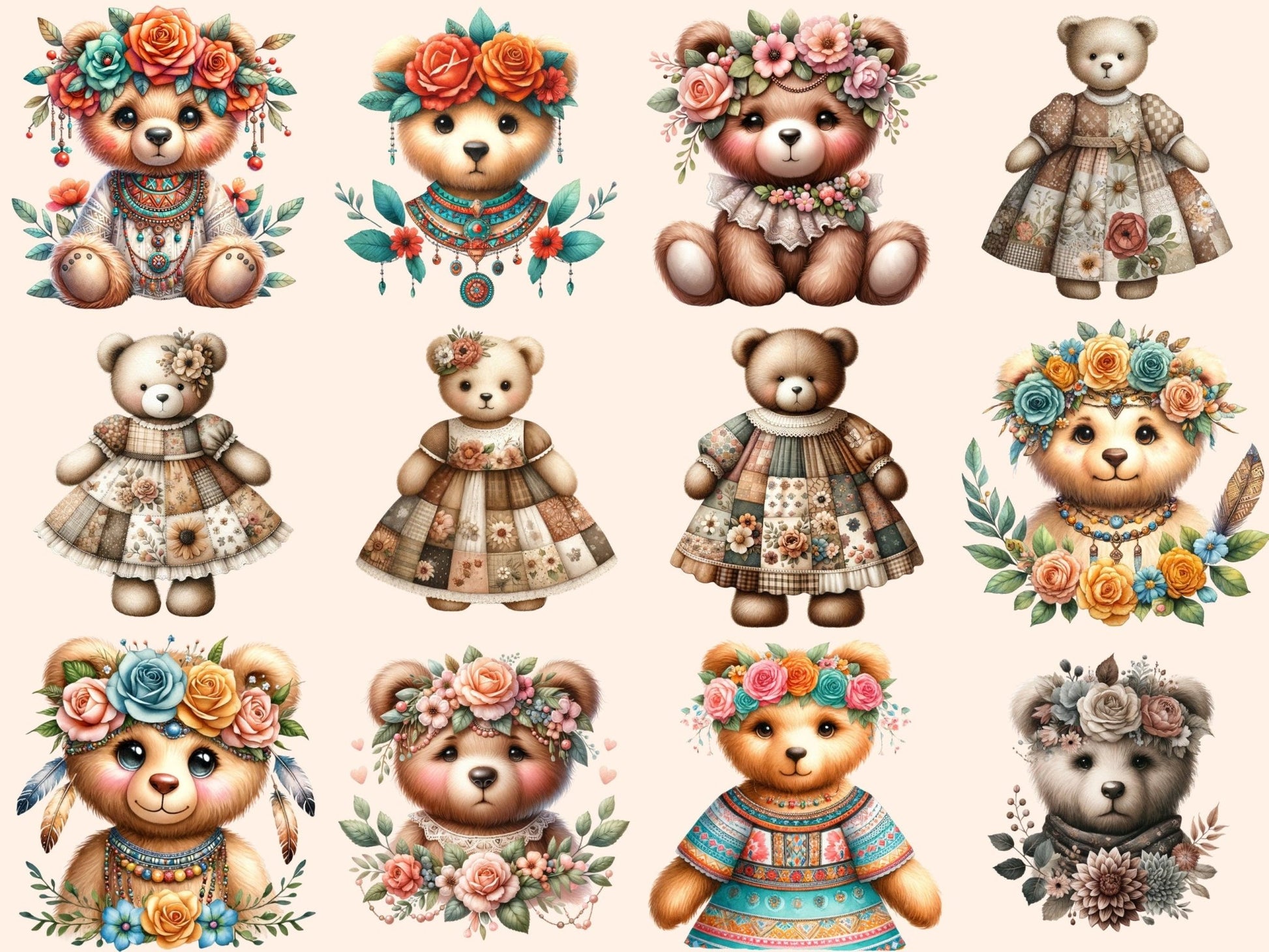 Boho Teddies Clipart - High - Quality Instant Digital Download for Creative Projects