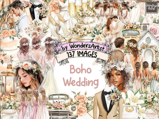 Boho Wedding Watercolor Clipart - High - Quality Instant Digital Download for Creative Projects