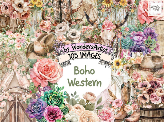 Boho Western Watercolor Clipart - High - Quality Instant Digital Download for Creative Projects