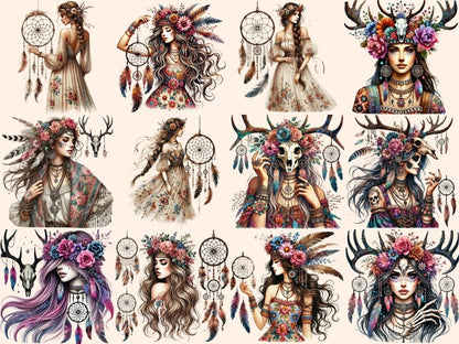 Boho Women Clipart bohemian decor - Wonders Artist