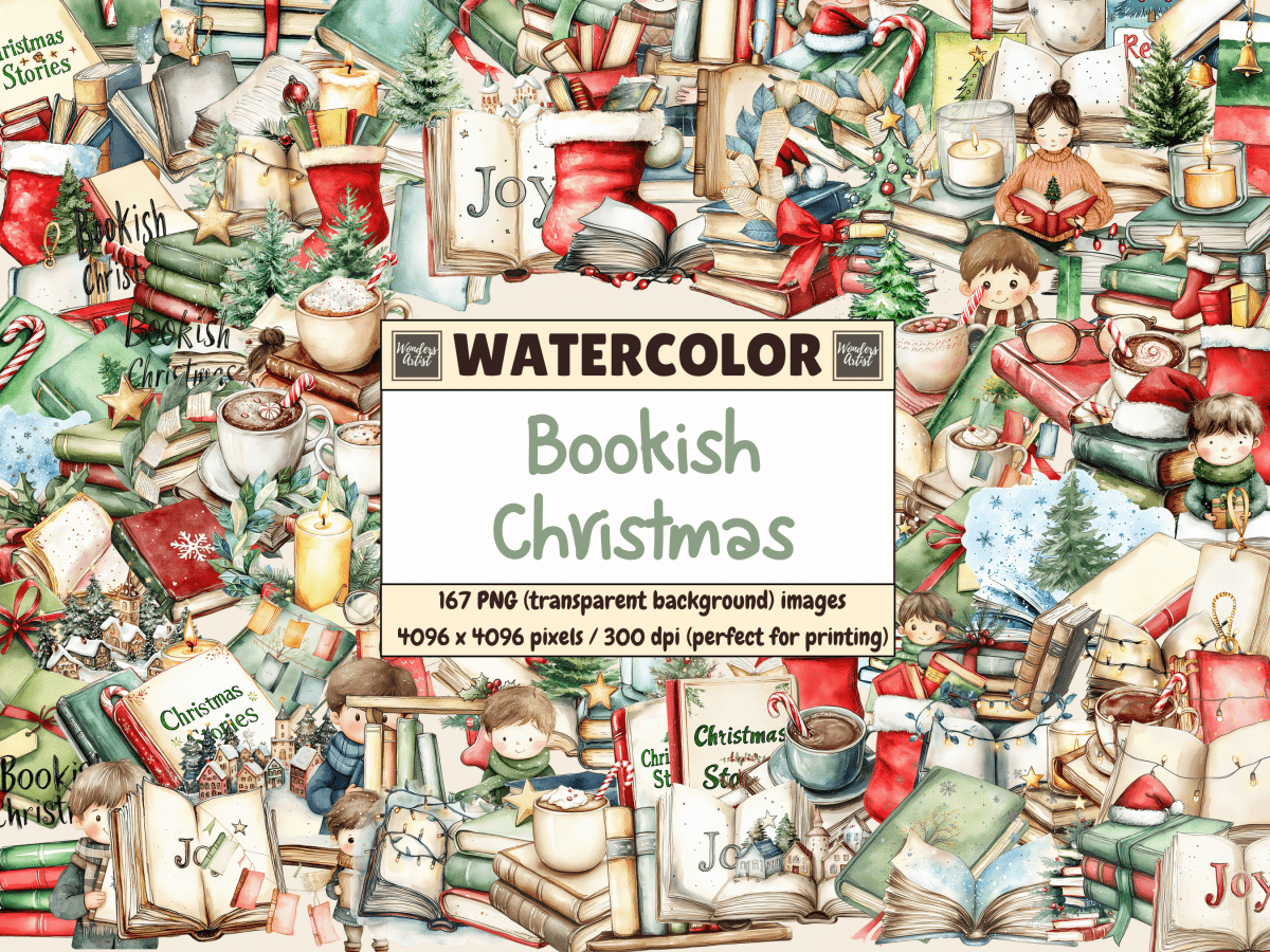Bookish Christmas Watercolor Clipart All Bundles Clipart Line Art - WondersArtist