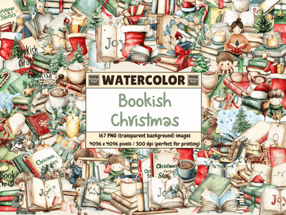 Bookish Christmas Watercolor Clipart All Bundles Clipart Line Art - WondersArtist