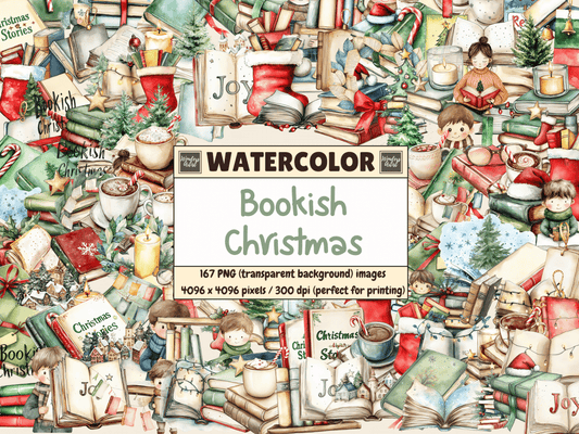 Bookish Christmas Watercolor Clipart All Bundles Clipart Line Art - WondersArtist