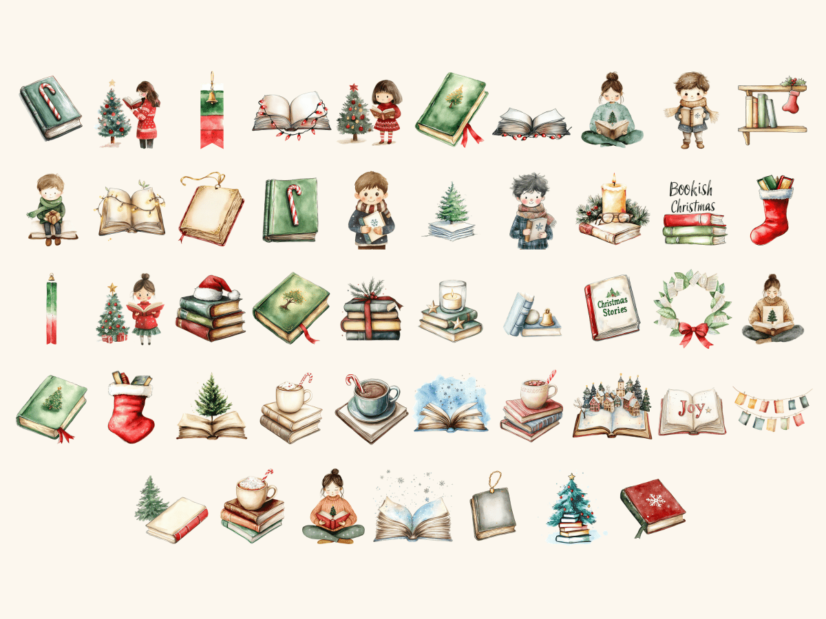 Bookish Christmas Watercolor Clipart All Bundles Clipart Line Art - WondersArtist