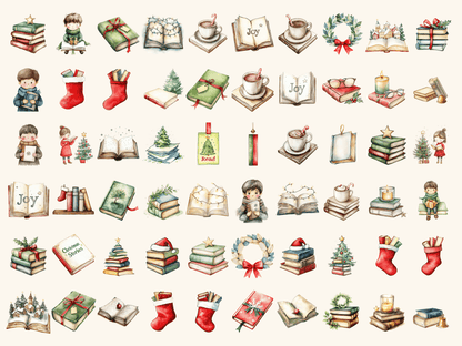 Bookish Christmas Watercolor Clipart All Bundles Clipart Line Art - WondersArtist