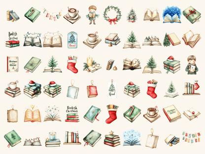 Bookish Christmas Watercolor Clipart All Bundles Clipart Line Art - WondersArtist