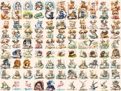 Bookworm Animals Watercolor Clipart animal clipart - Wonders Artist