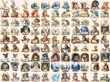 Bookworm Animals Watercolor Clipart animal clipart - Wonders Artist