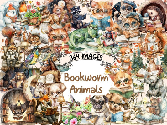 Bookworm Animals Watercolor Clipart animal clipart - Wonders Artist