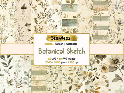Botanical Sketch Seamless Pattern Digital Papers botanical print Botanical sketch digital paper - WondersArtist