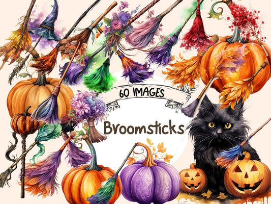 Broomsticks Watercolor Clipart - High - Quality Instant Digital Download for Creative Projects