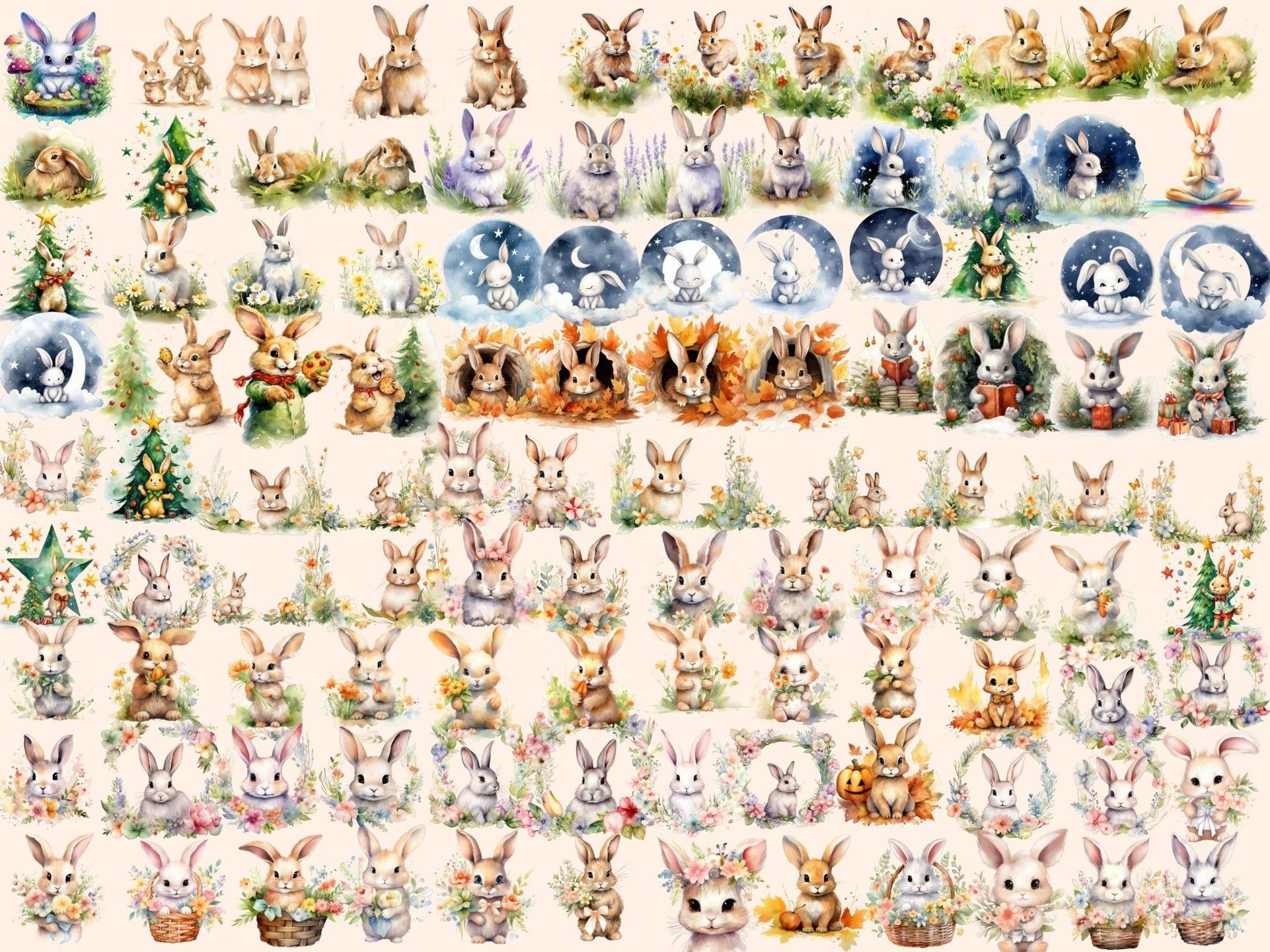 Bunnies Watercolor Clipart - High - Quality Instant Digital Download for Creative Projects