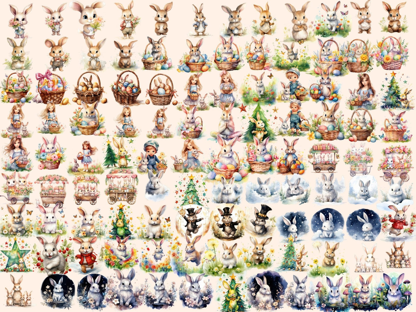 Bunnies Watercolor Clipart - High - Quality Instant Digital Download for Creative Projects