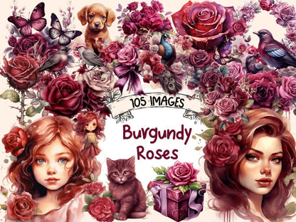 Burgundy Roses Watercolor Clipart boho rose clipart - Wonders Artist