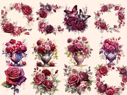 Burgundy Roses Watercolor Clipart boho rose clipart - Wonders Artist