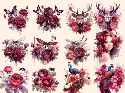 Burgundy Roses Watercolor Clipart boho rose clipart - Wonders Artist