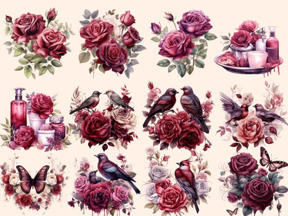 Burgundy Roses Watercolor Clipart boho rose clipart - Wonders Artist