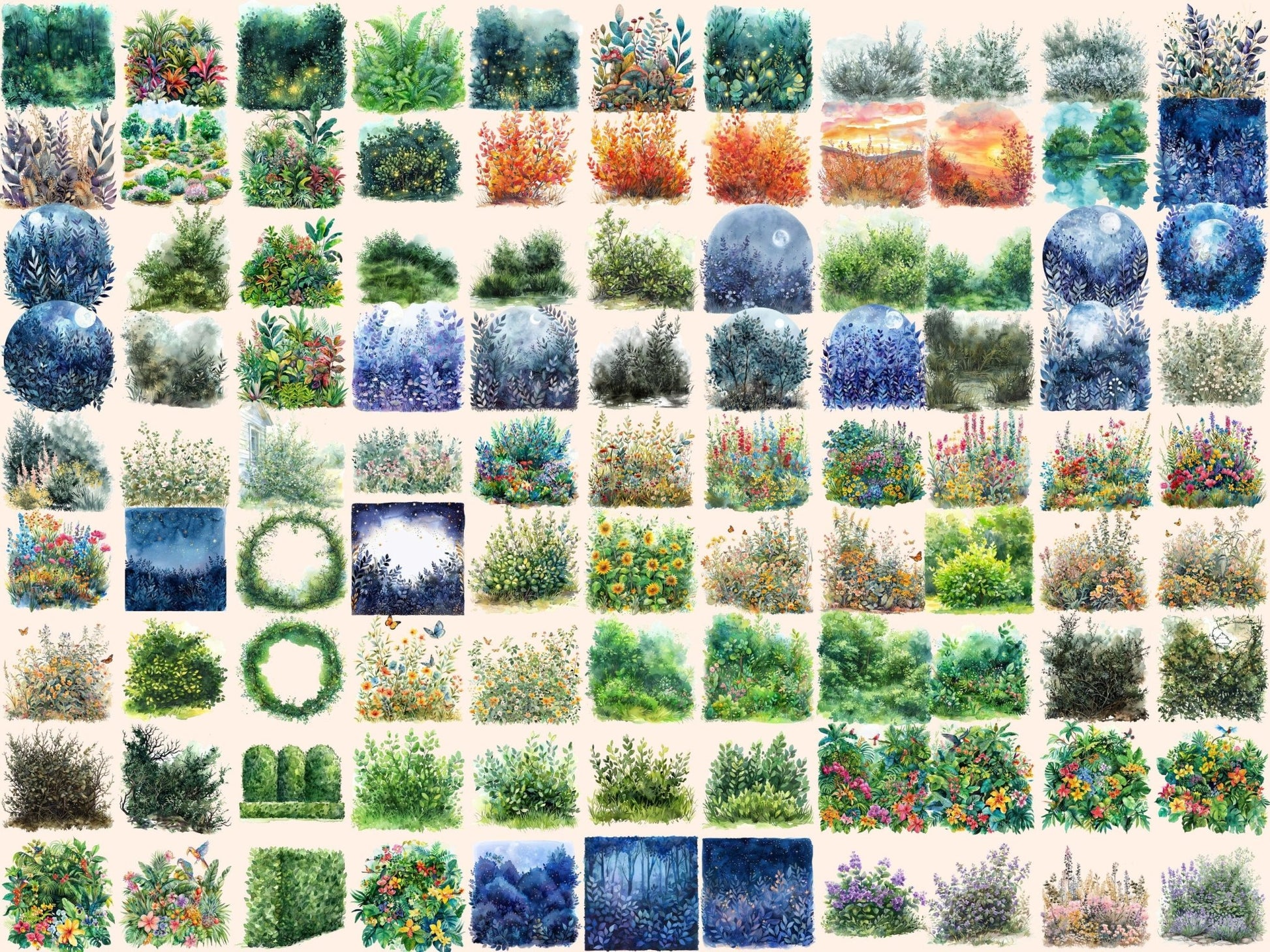 Bushes Watercolor Clipart - High - Quality Instant Digital Download for Creative Projects