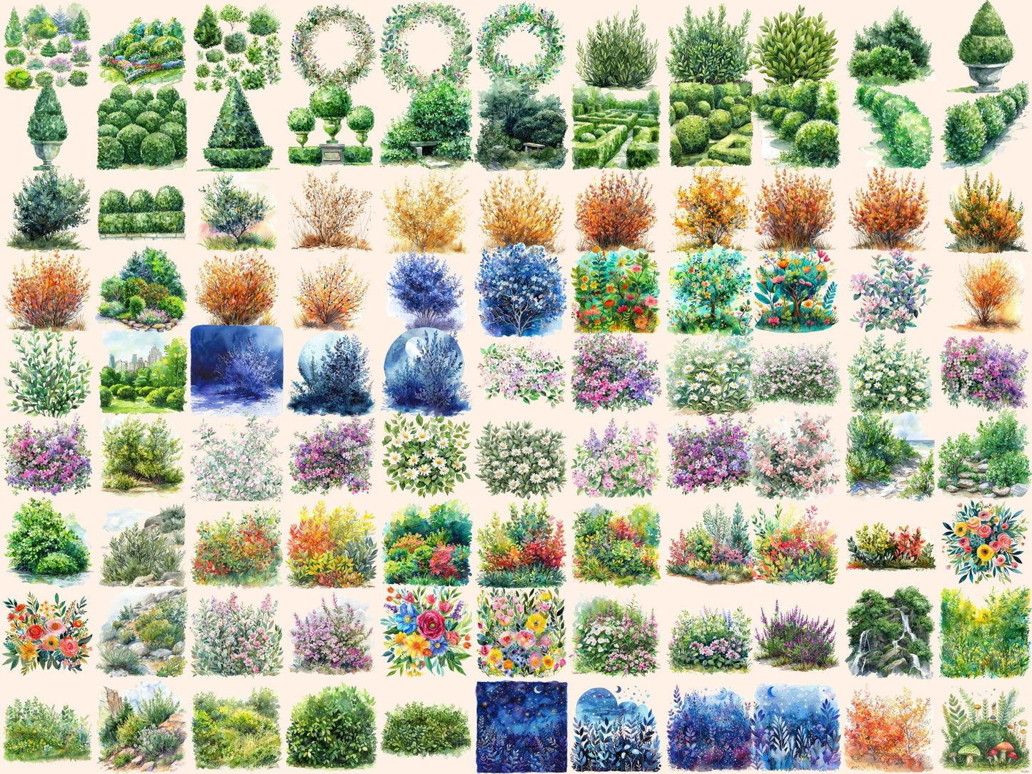 Bushes Watercolor Clipart - High - Quality Instant Digital Download for Creative Projects