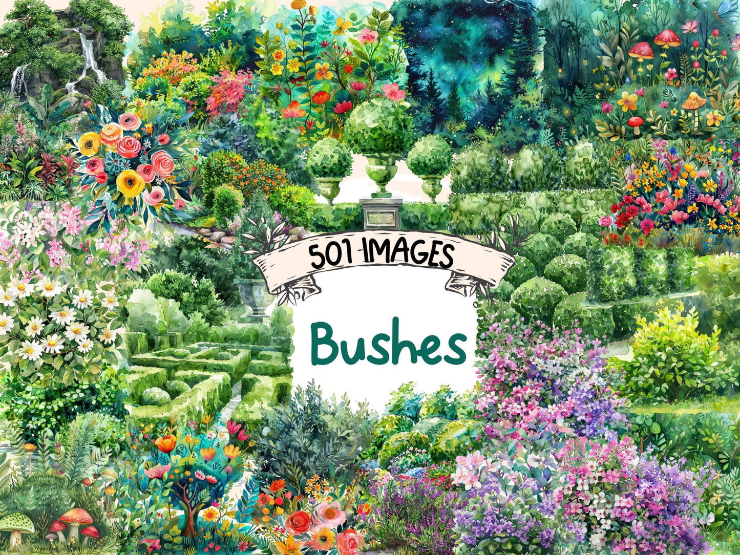 Bushes Watercolor Clipart - High - Quality Instant Digital Download for Creative Projects