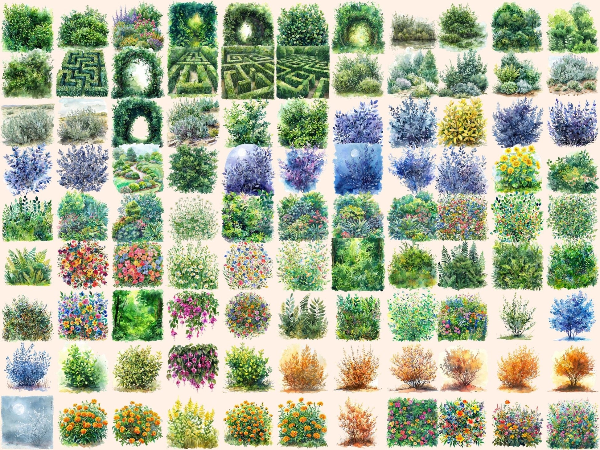 Bushes Watercolor Clipart - High - Quality Instant Digital Download for Creative Projects