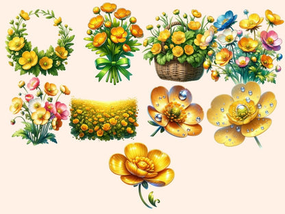 Buttercup Flowers Clipart - High - Quality Instant Digital Download for Creative Projects