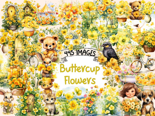 Buttercup Flowers Watercolor Clipart - High - Quality Instant Digital Download for Creative Projects