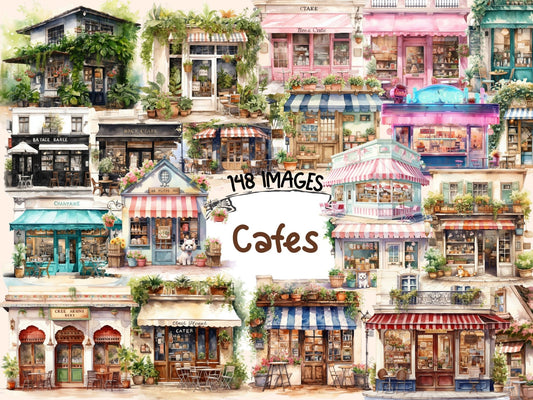 Cafes Watercolor Clipart - High - Quality Instant Digital Download for Creative Projects