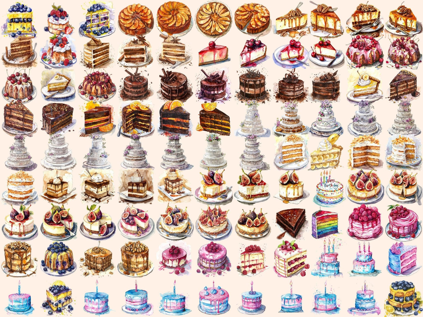 Cakes Watercolor Clipart - High - Quality Instant Digital Download for Creative Projects