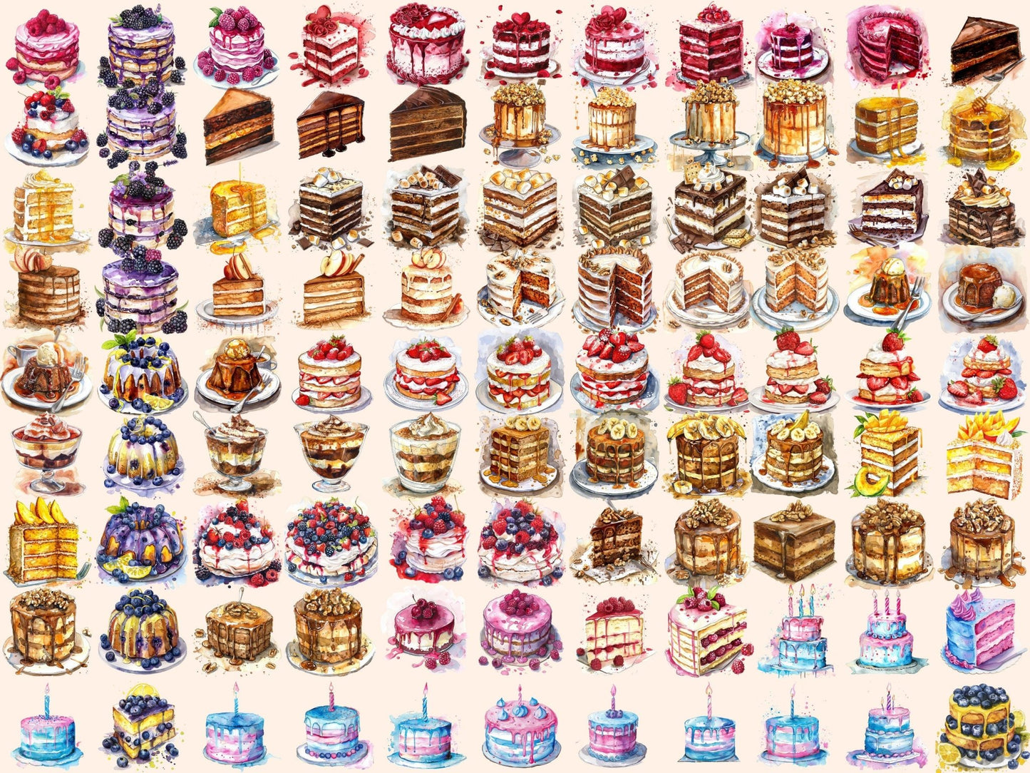 Cakes Watercolor Clipart - High - Quality Instant Digital Download for Creative Projects