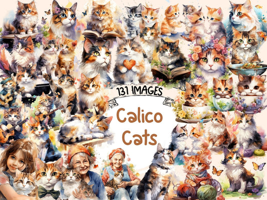 Calico Cats Watercolor Clipart - High - Quality Instant Digital Download for Creative Projects