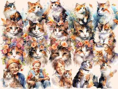 Calico Cats Watercolor Clipart calico cat digitals - Wonders Artist