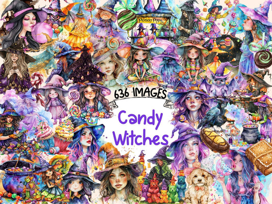 Candy Witches Watercolor Clipart - High - Quality Instant Digital Download for Creative Projects