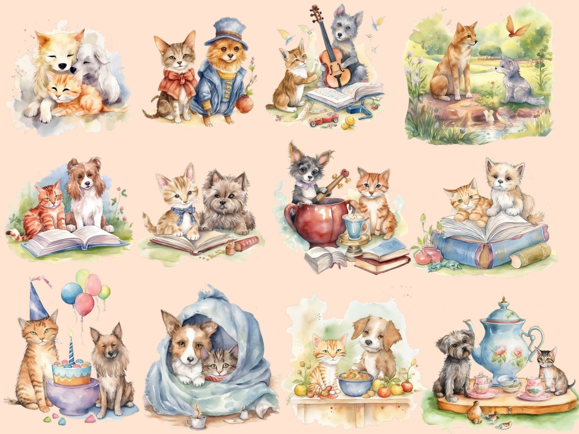 Cats and Dogs Friends Watercolor Clipart - High - Quality Instant Digital Download for Creative Projects