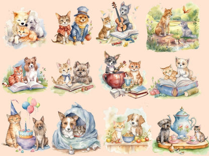 Cats and Dogs Friends Watercolor Clipart adorable pets - Wonders Artist
