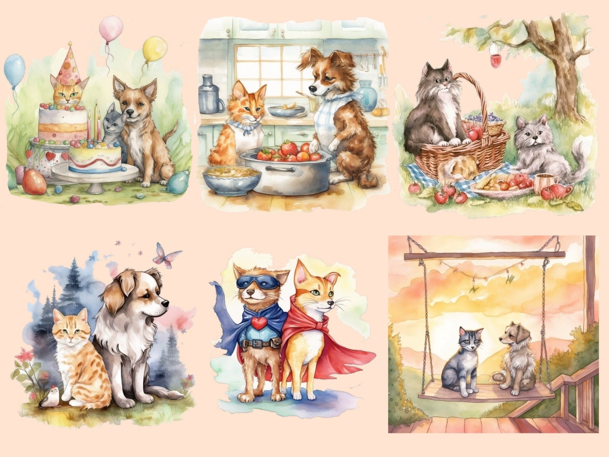 Cats and Dogs Friends Watercolor Clipart - High - Quality Instant Digital Download for Creative Projects