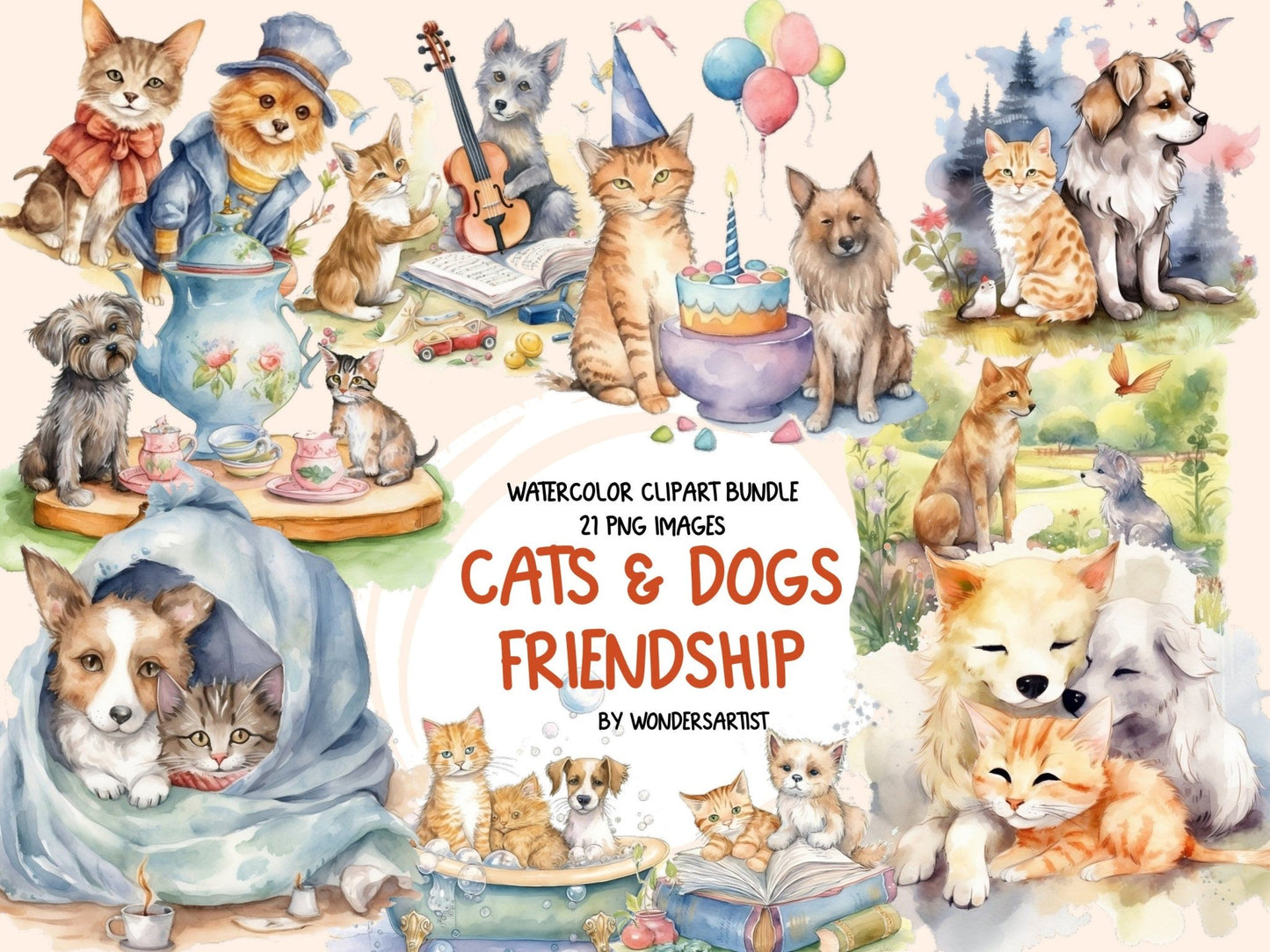 Cats and Dogs Friends Watercolor Clipart - High - Quality Instant Digital Download for Creative Projects