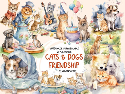 Cats and Dogs Friends Watercolor Clipart adorable pets - Wonders Artist