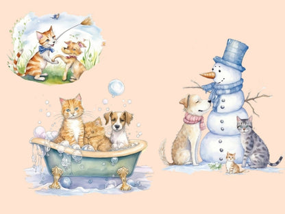 Cats and Dogs Friends Watercolor Clipart adorable pets - Wonders Artist