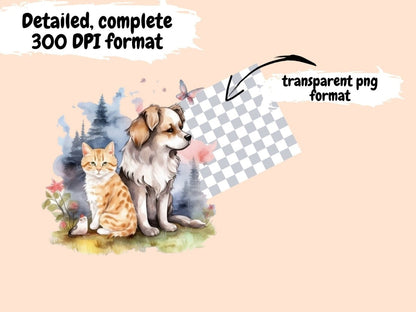 Cats and Dogs Friends Watercolor Clipart adorable pets - Wonders Artist