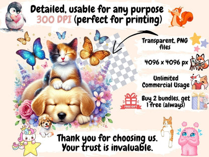Cats & Dogs Friends Clipart animal illustrations - Wonders Artist