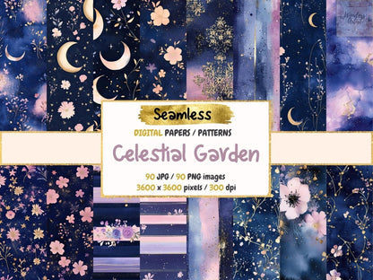 Celestial Garden Seamless Pattern Digital Papers celestial digital celestial seamless cosmic paper - WondersArtist