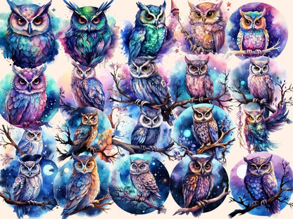 Celestial Owls Watercolor Clipart astrology clipart - Wonders Artist