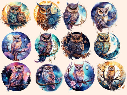 Celestial Owls Watercolor Clipart astrology clipart - Wonders Artist