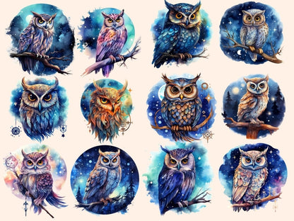 Celestial Owls Watercolor Clipart astrology clipart - Wonders Artist