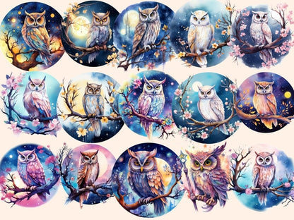 Celestial Owls Watercolor Clipart astrology clipart - Wonders Artist