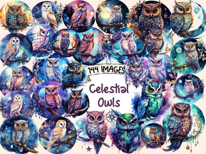 Celestial Owls Watercolor Clipart astrology clipart - Wonders Artist