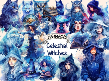 Celestial Witches Watercolor Clipart celestial clipart - Wonders Artist
